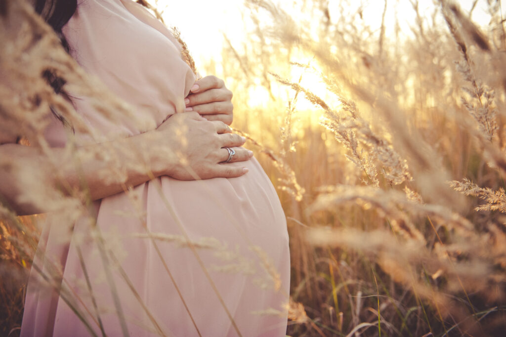 Une femme enceinte dans un champ de blé. L'amour d'une mère pour son enfant.